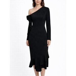 Yaura One‎ Shoulder Midi Dress Women’s Size 10 Black Skater Ruffle Cocktail